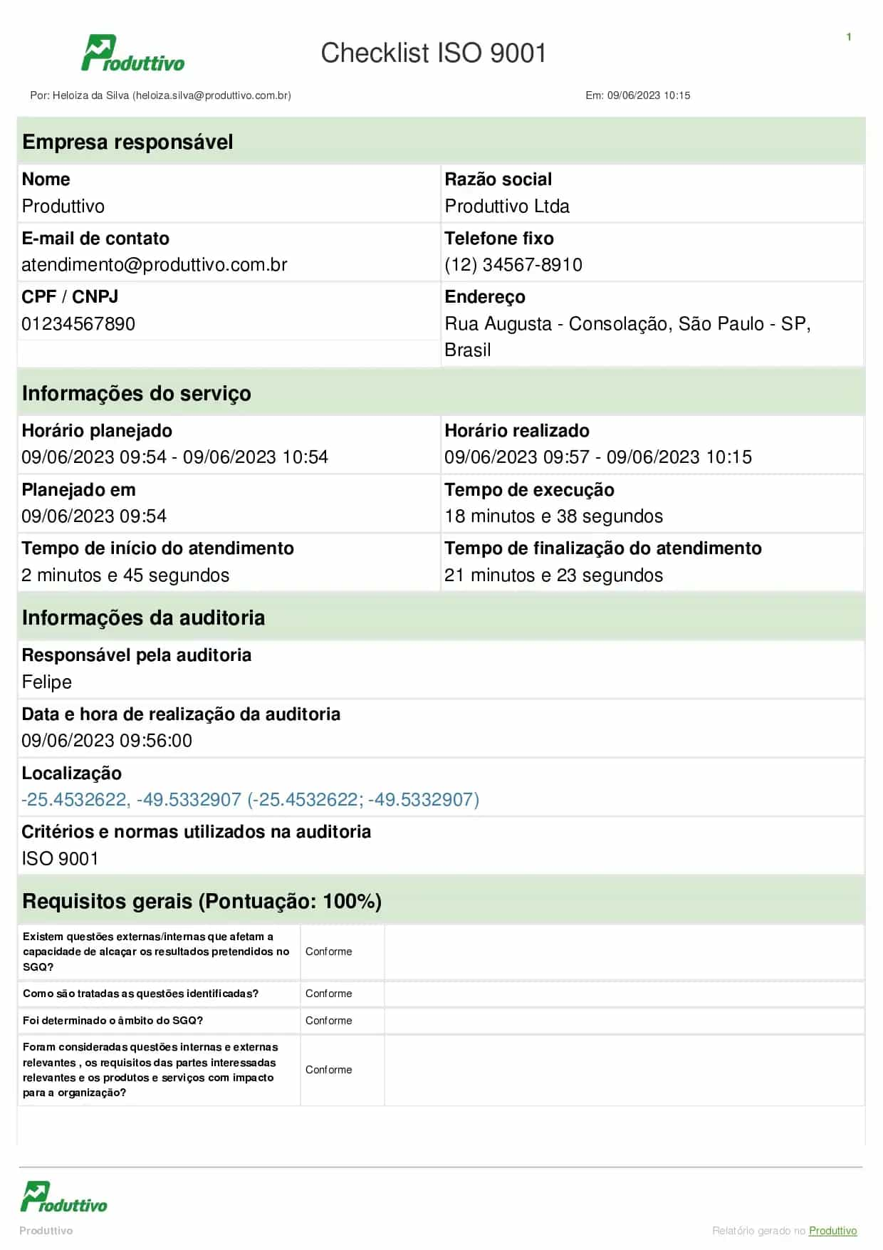 Modelo de checklist ISO digital gerado pelo Produttivo página 01