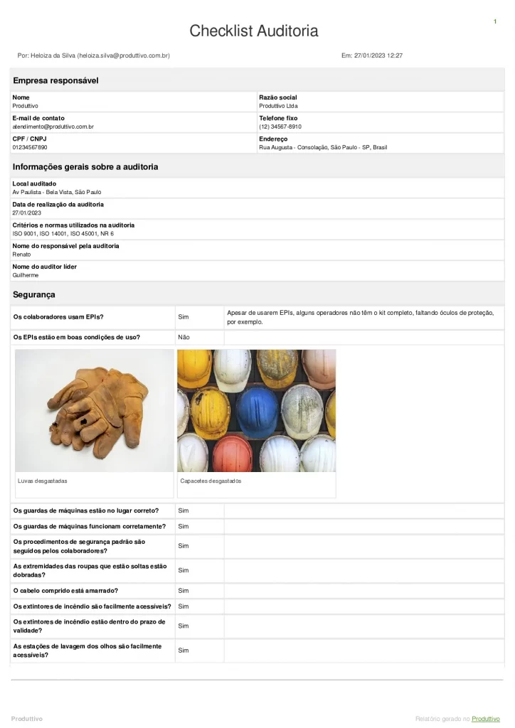Modelo de relatório de auditoria digital em formato de checklist com questões de conformidade e imagens, página 01