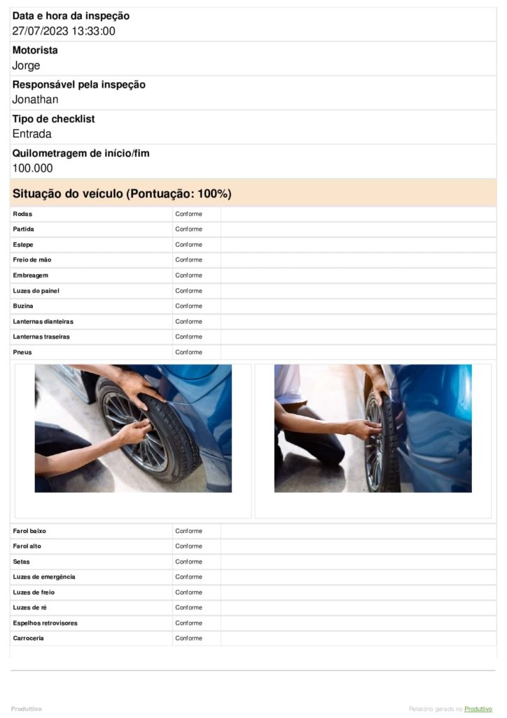 Modelo de Check list de entrada e saída de veículos digital gerado no aplicativo do Produttivo. Modelo com recursos que aumentam a segurança e melhoram a comprovação da inspeção, página 02