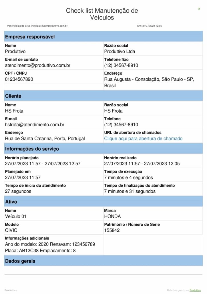 Modelo de Check list de manutenção de veículos digital gerado no aplicativo do Produttivo. Modelo com questões de conformidade e registros fotográficos, página 01