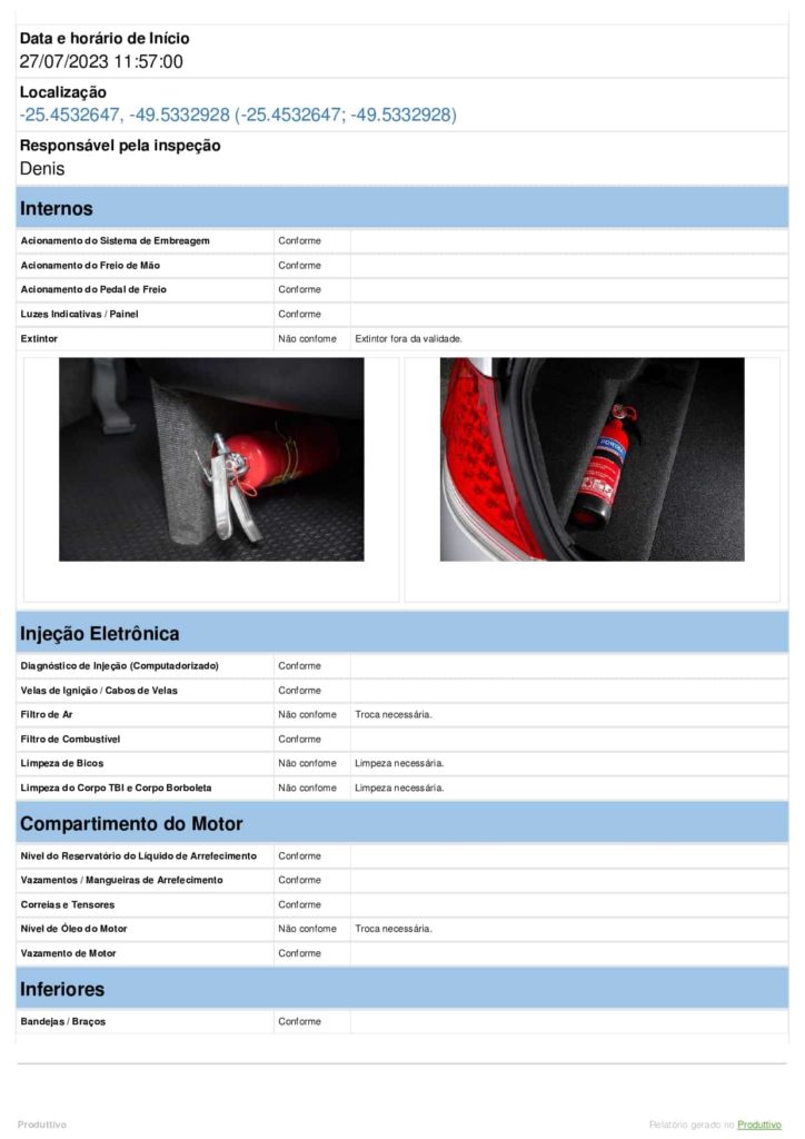 Modelo de Check list de manutenção de veículos digital gerado no aplicativo do Produttivo. Modelo com questões de conformidade e registros fotográficos, página 02