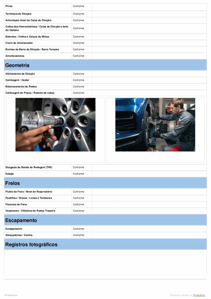 Modelo de Check list de manutenção de veículos digital gerado no aplicativo do Produttivo. Modelo com questões de conformidade e registros fotográficos, página 03