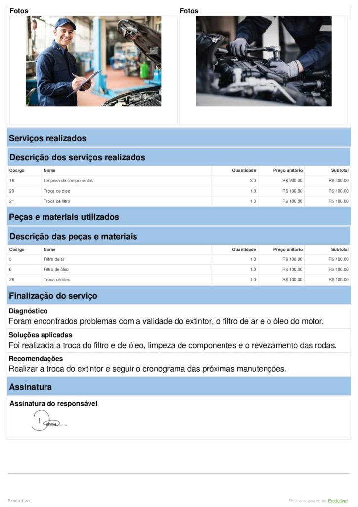 Modelo de Check list de manutenção de veículos digital gerado no aplicativo do Produttivo. Modelo com questões de conformidade e registros fotográficos, página 04