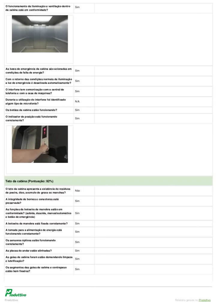 Modelo de Check list de manutenção de elevadores digital para usar no Produttivo com questões de conformidade e registros fotográficos, página 02
