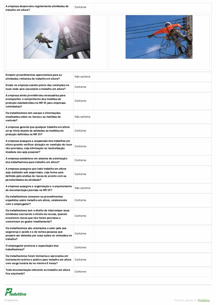 Exemplo de modelo de checklist NR 35 digital gerado no Produttivo com questões de checklist, registro fotográfico, assinatura digital e mais, página 02