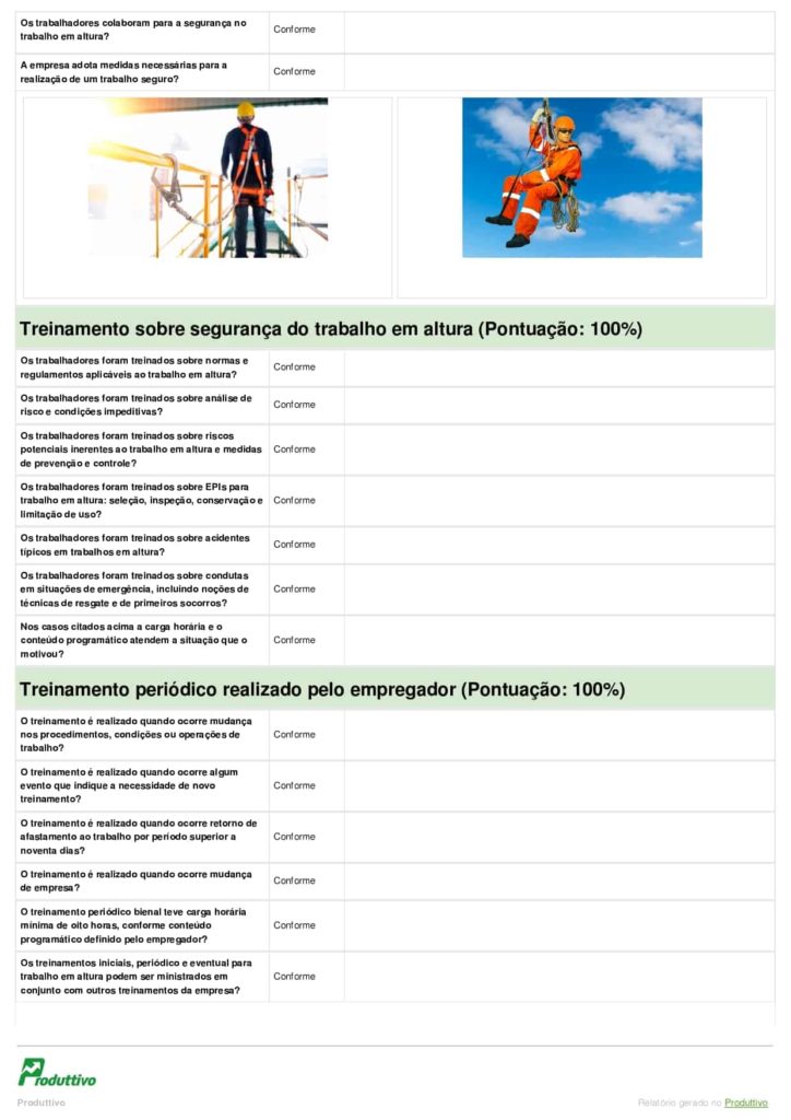 Exemplo de modelo de checklist NR 35 digital gerado no Produttivo com questões de checklist, registro fotográfico, assinatura digital e mais, página 03