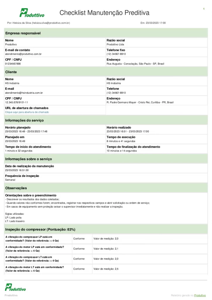 Modelo de Checklist de manutenção preditiva digital para usar em aplicativo com questões de conformidade e registros fotográfico, página 01