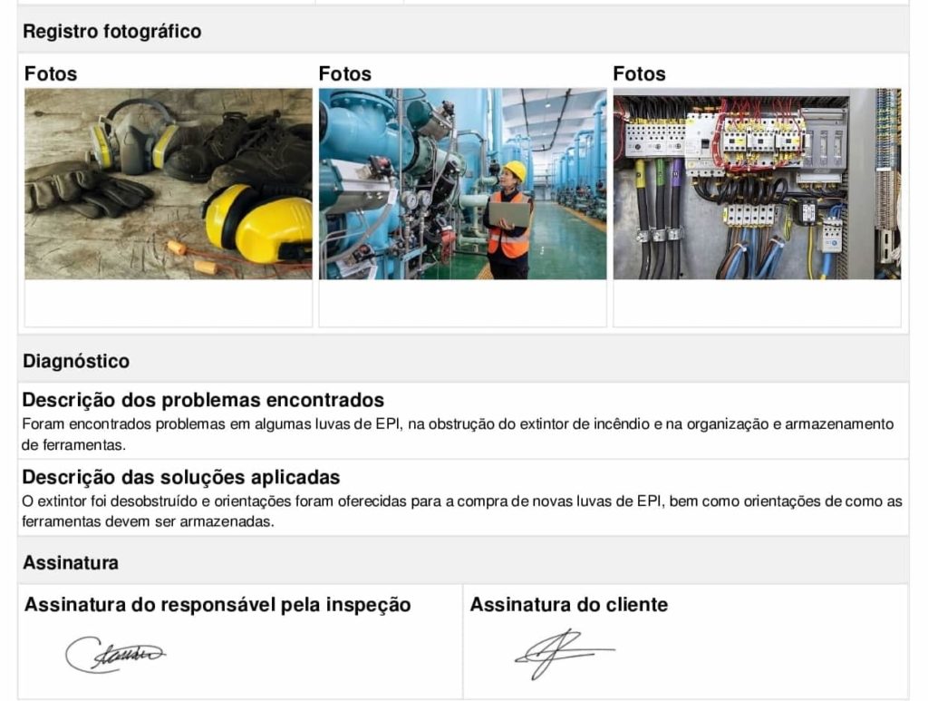 Exemplo de modelo de relatório de inspeção com assinaturas 