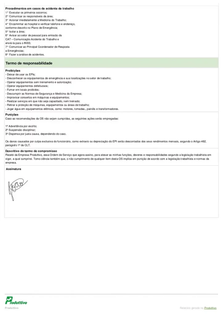 Exemplo de modelo Ordem de serviço segurança do trabalho eletricista gerado no Produttivo com campos para descrição de riscos da atividade, EPis obrigatórios, medidas de proteção coletiva e mais, página 02