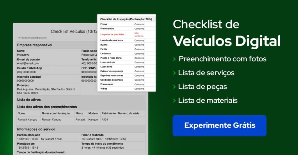 Modelo de Check list de veículos digital para usar no sistema do Produttivo com recursos de preenchimento de fotos, lista de serviços, peças, materiais e mais! 