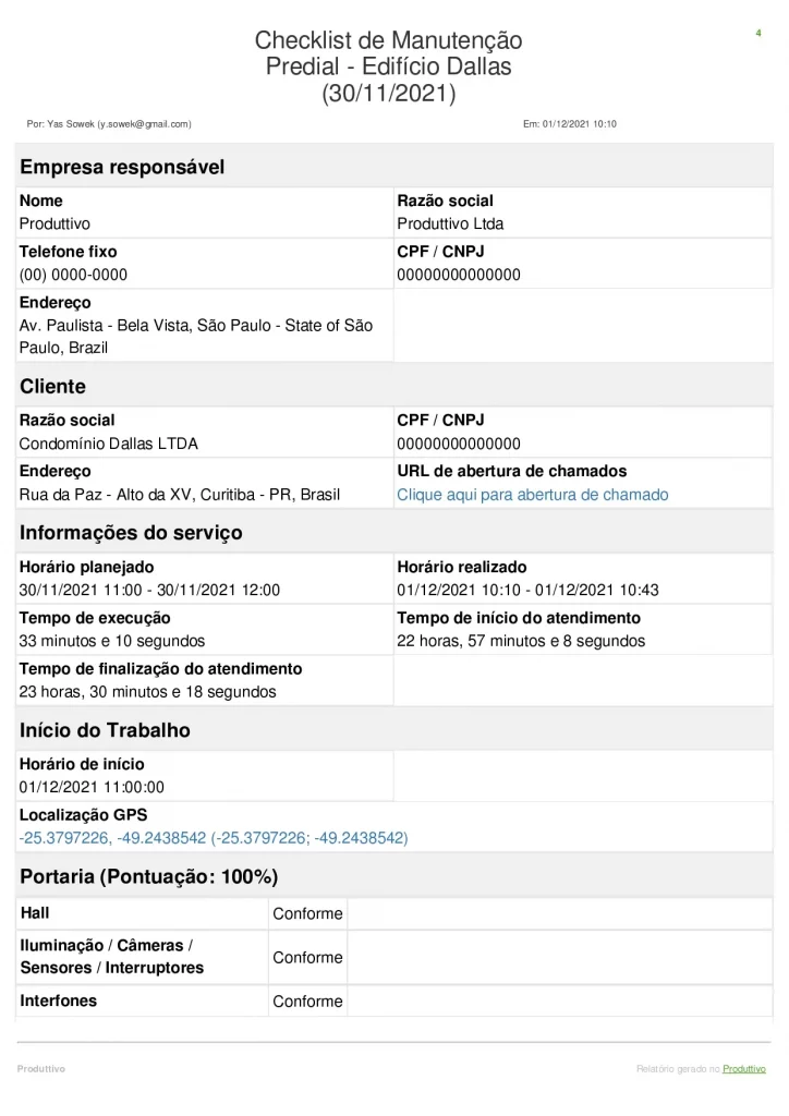 Exemplo de modelo de checklist de inspeção predial gerado no Produttivo com questões de conformidade, registros fotográficos e mais. Página 01