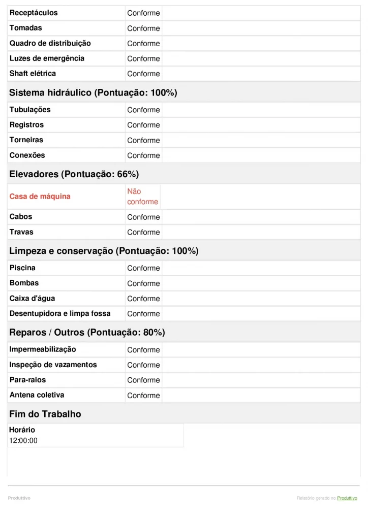 Exemplo de modelo de checklist de inspeção predial gerado no Produttivo com questões de conformidade, registros fotográficos e mais. Página 03