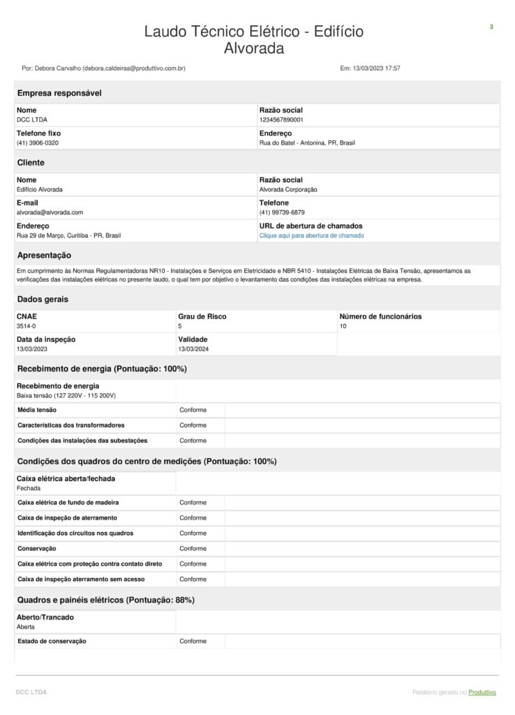 Modelo de Laudo Técnico Elétrico Digital com questões de conformidades e registros fotográficos, página 01