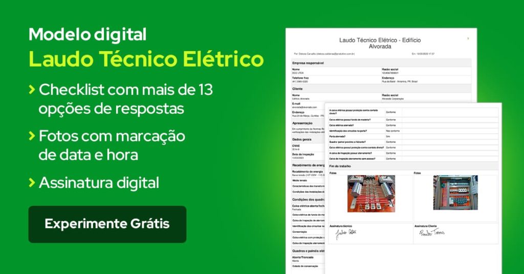 Modelo de Laudo técnico elétrico digital para usar em aplicativo com mais de 13 opções de campo de resposta, fotos com marcação de data e hora e assinatura digital 