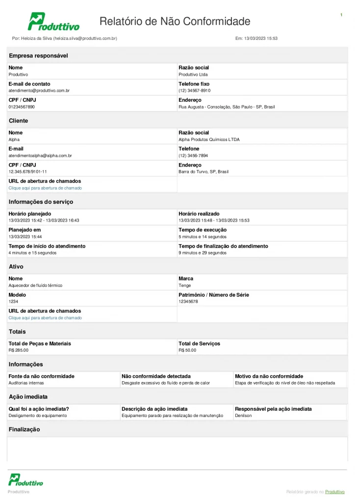 Modelo de relatório de não conformidade digital para descrição dos problemas, inclusão de fotos e lista de peças, materiais e serviços realizados calculada automaticamente, modelo gerado pelo aplicativo do Produttivo, página 01