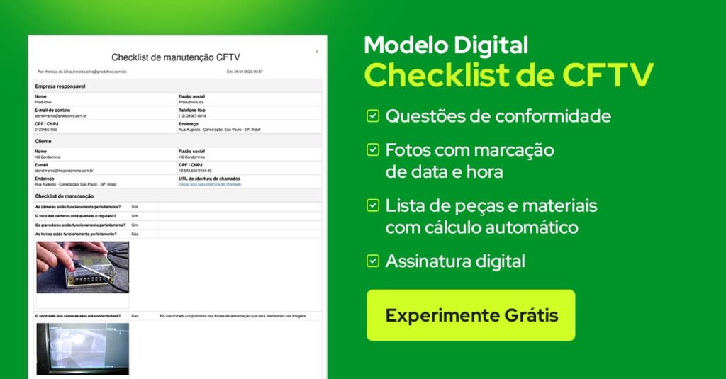 Modelo de checklist de CFTV digital para usar e personalizar com questões de não conformidade, fotos com marcação de data e hora e assinatura digital 