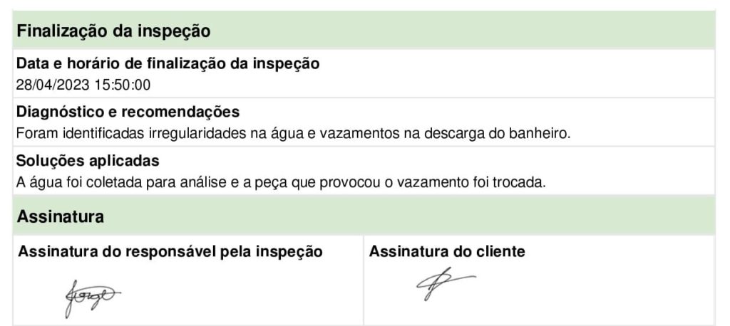 Exemplo de campo de recomendações no relatório de inspeção