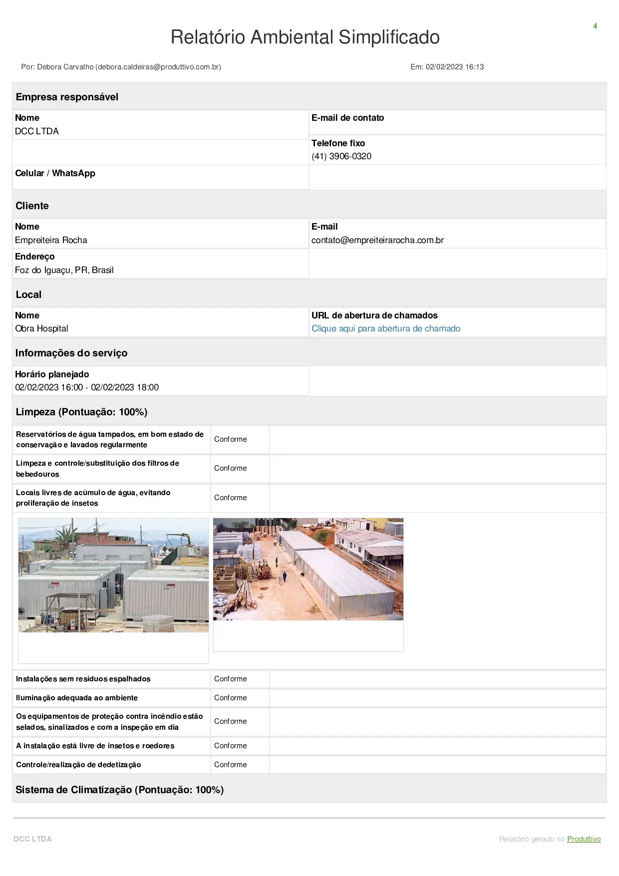 Modelo de relatório ambiental simplificado digital com questões de não conformidade e registros fotográficos, página 01