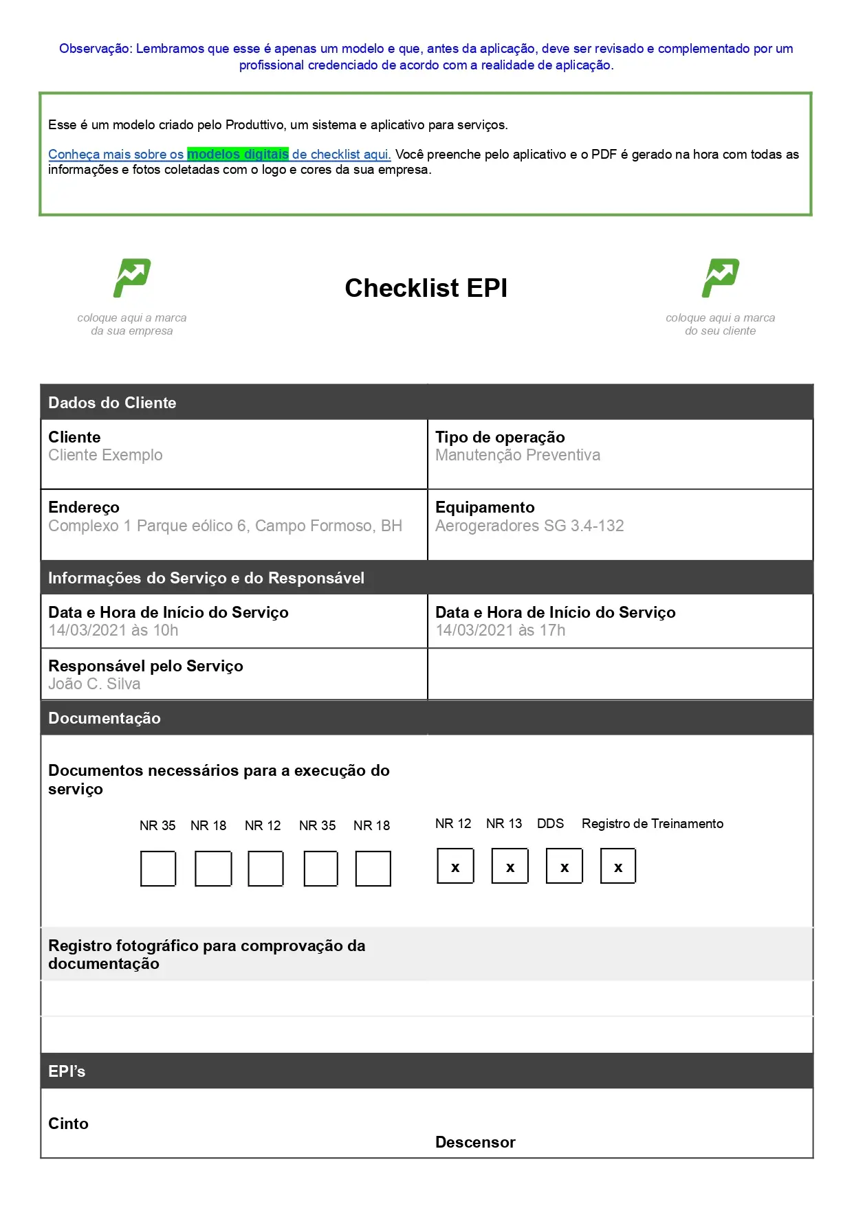 Exemplo de relatório de Inspeção de controle de EPI que pode ser baixado gratuitamente. Modelo vem com questões de não conformidade e espaços para registros fotográficos e anotações, página 01