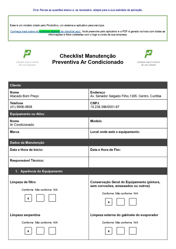 Exemplo de Relatório de inspeção Ar Condicionado para baixar. Modelo com questões de não conformidade e espaço para fotos e observações, página 01