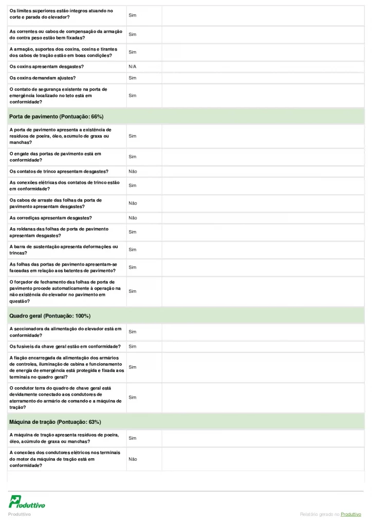 Modelo digital de relatório de inspeção anual de elevadores em PDF para usar no sistema do Produttivo, página 03