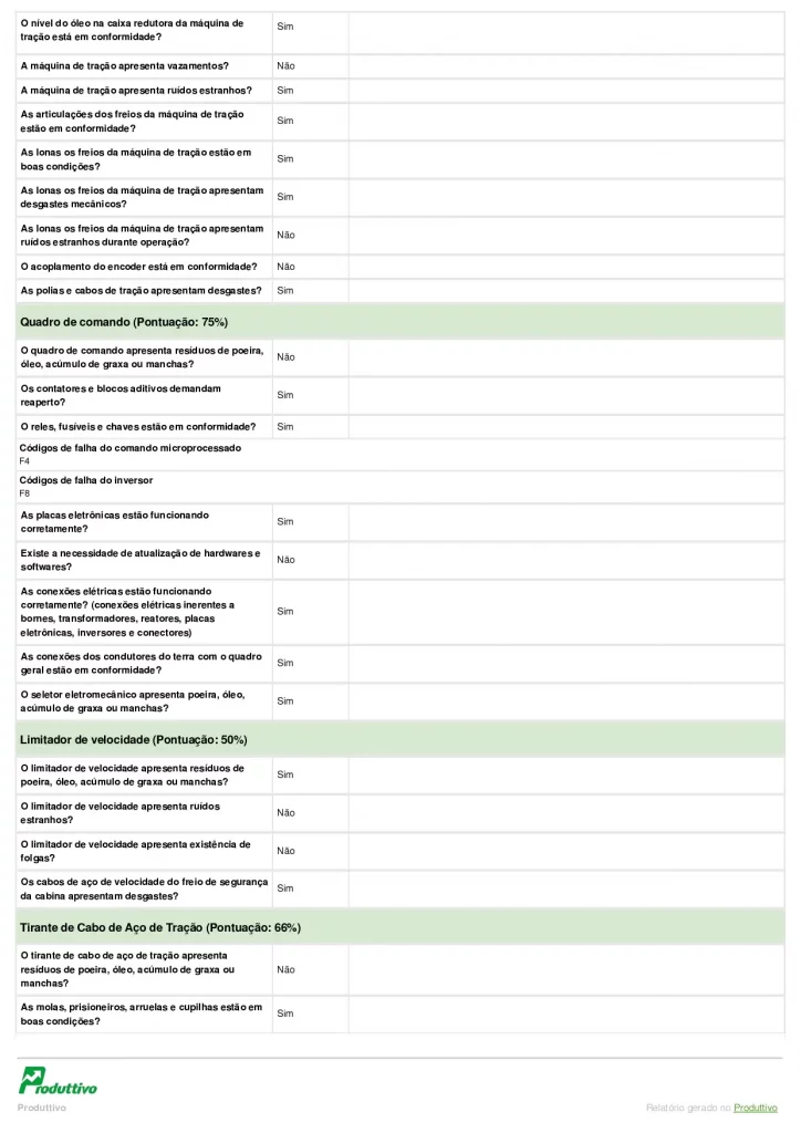 Modelo digital de relatório de inspeção anual de elevadores em PDF para usar no sistema do Produttivo, página 04