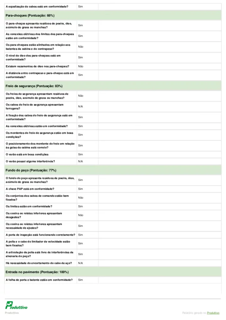 Modelo digital de relatório de inspeção anual de elevadores em PDF para usar no sistema do Produttivo, página 05