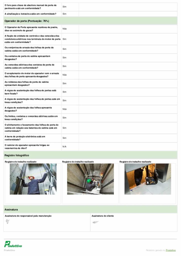 Modelo digital de relatório de inspeção anual de elevadores em PDF para usar no sistema do Produttivo, página 06