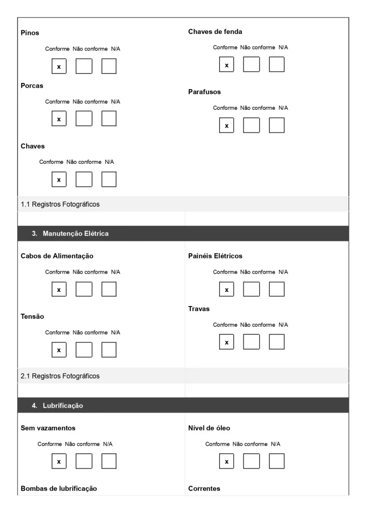 Exemplo de relatório de inspeção de Manutenção para baixar gratuitamente. Modelo com questões de não conformidade, espaço para fotos e observações, página 02
