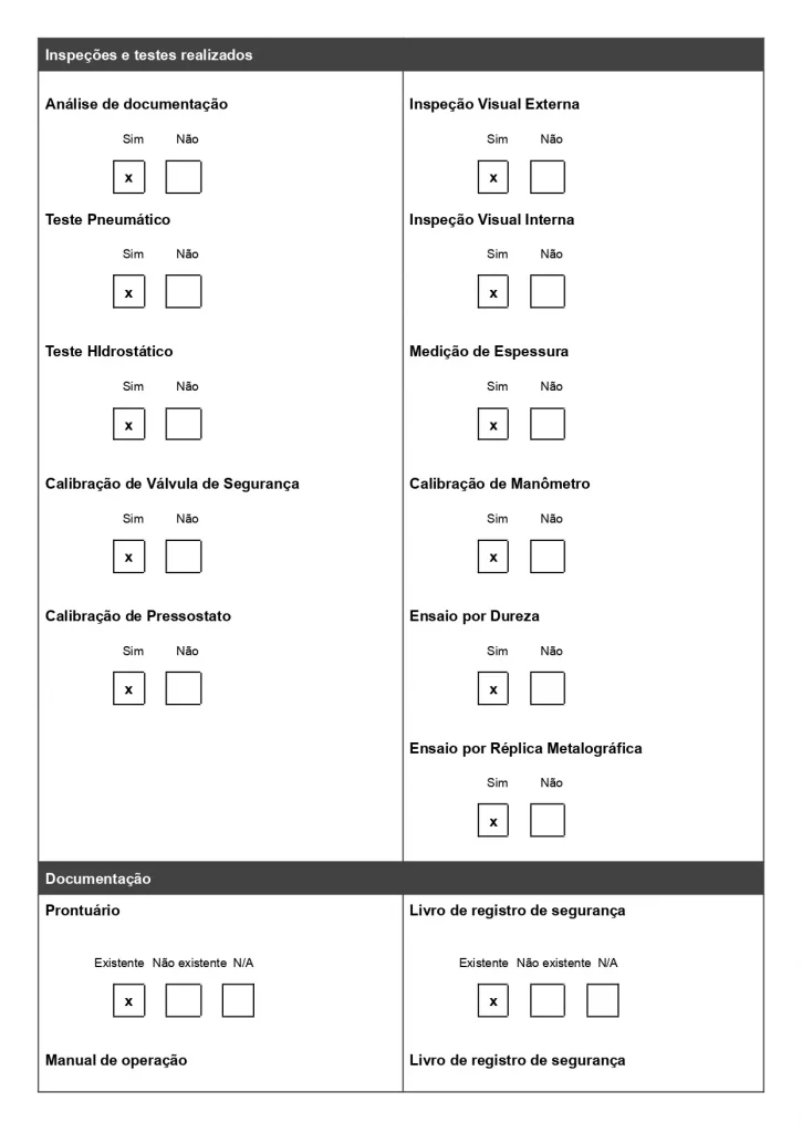 Exemplo de relatório de inspeção de caldeiras para baixar gratuitamente. Modelo com questões de conformidade e campos para fotos e observações, página 02