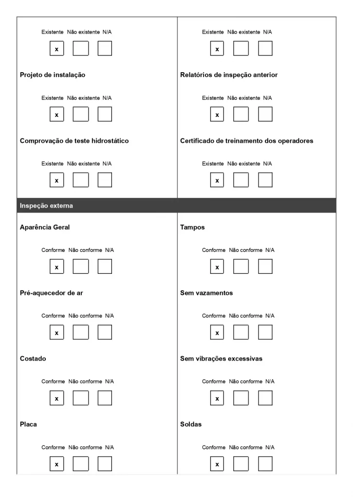 Exemplo de relatório de inspeção de caldeiras para baixar gratuitamente. Modelo com questões de conformidade e campos para fotos e observações, página 03