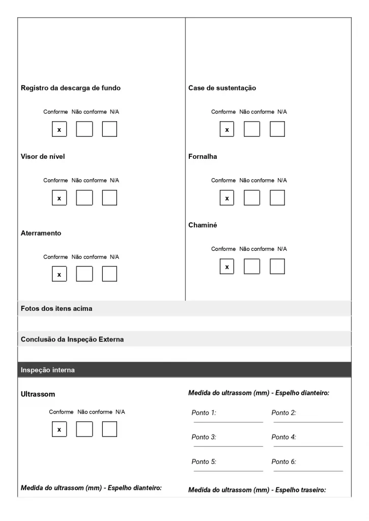 Exemplo de relatório de inspeção de caldeiras para baixar gratuitamente. Modelo com questões de conformidade e campos para fotos e observações, página 04