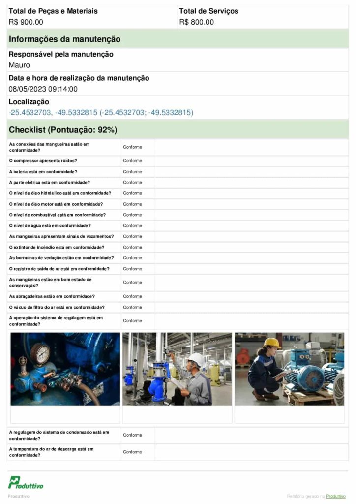 Relatório de inspeção de compressores PDF digital para usar no sistema do Produttivo, página 02