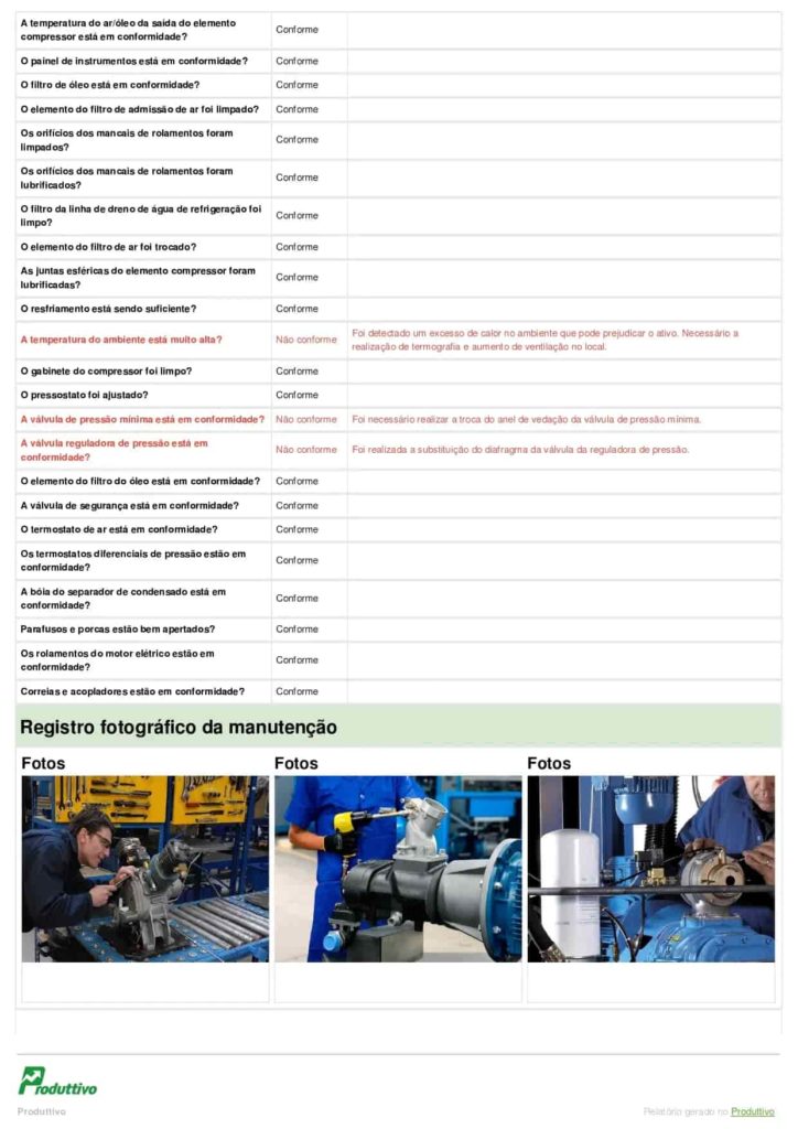 Relatório de inspeção de compressores PDF digital para usar no sistema do Produttivo, página 03