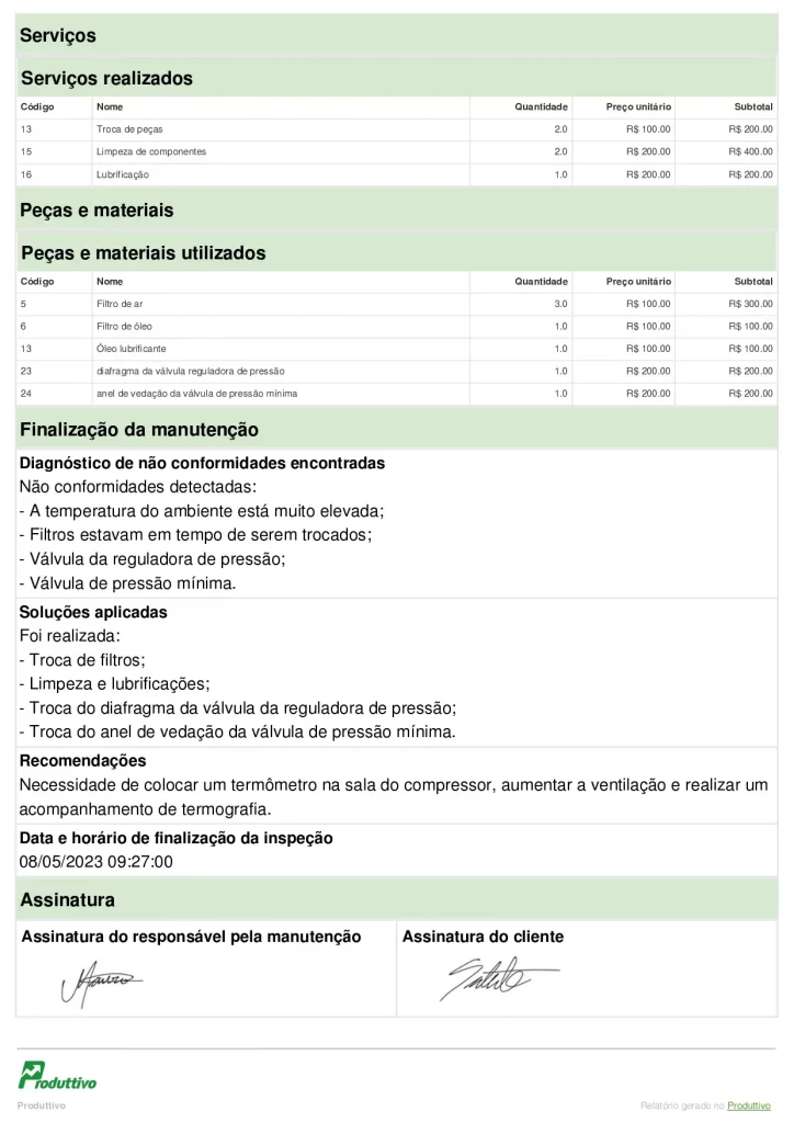 Relatório de inspeção de compressores PDF digital para usar no sistema do Produttivo, página 04