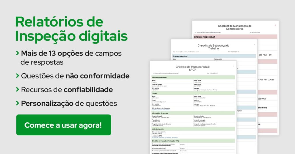 Relatório de inspeção digital para usar no sistema do Produttivo. Relatórios com mais de 13 opções de campo de respostas, questões de não conformidade, recursos de confiabilidade e personalização de questões