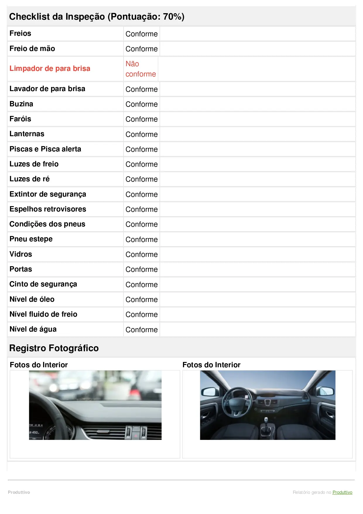 Modelo de check list de veículos leves para usar no sistema do Produttivo. Modelo com preenchimento automático e questões de conformidade, página 02