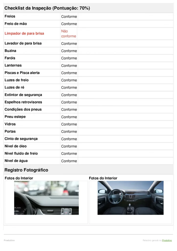 Exemplo de modelo de checklist de veículos digital gerado no Produttivo com preenchimento com fotos e questões de conformidade, página 02