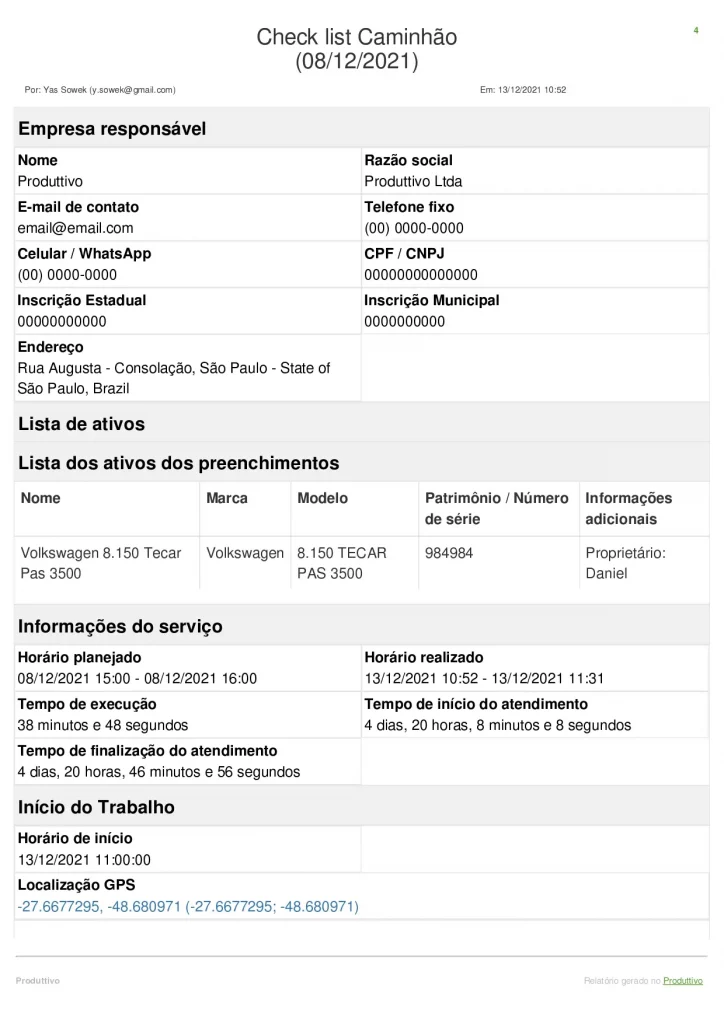 Modelo de checklist de caminhão digital para controle com questões de conformidade e registro fotográfico, página 01