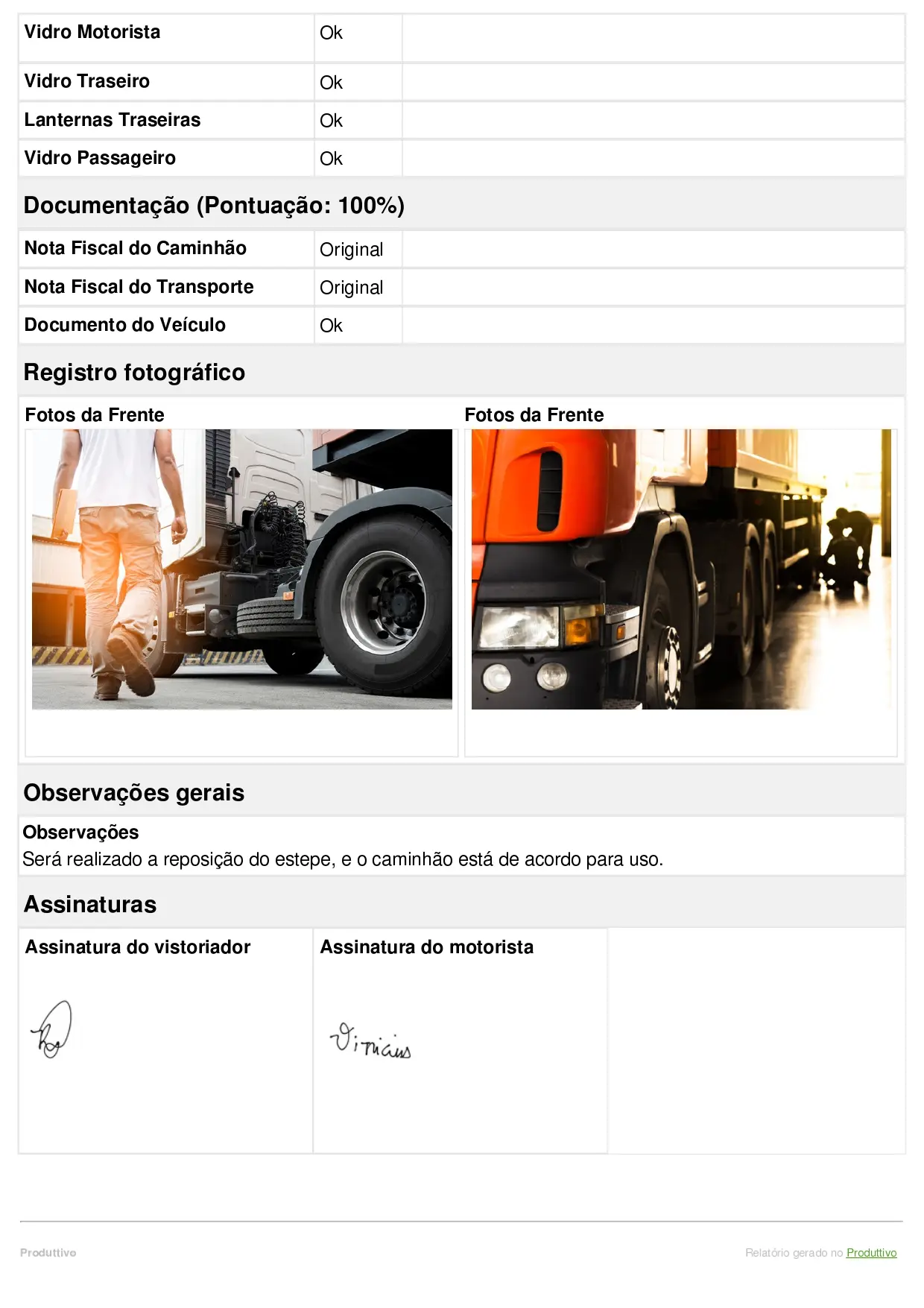 Modelo de checklist de caminhão digital para controle com questões de conformidade e registro fotográfico, página 01