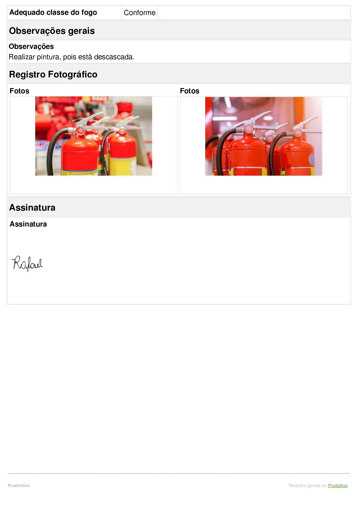 modelo de checklist de manutenção de extintores com questões de conformidade, registros fotográficos e informações do equipamento preenchidas automaticamente, página 03