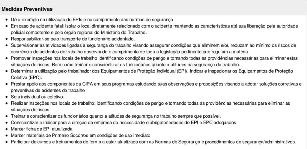 Exemplo de medidas preventivas que devem compor a ordem de serviço segurança do trabalho