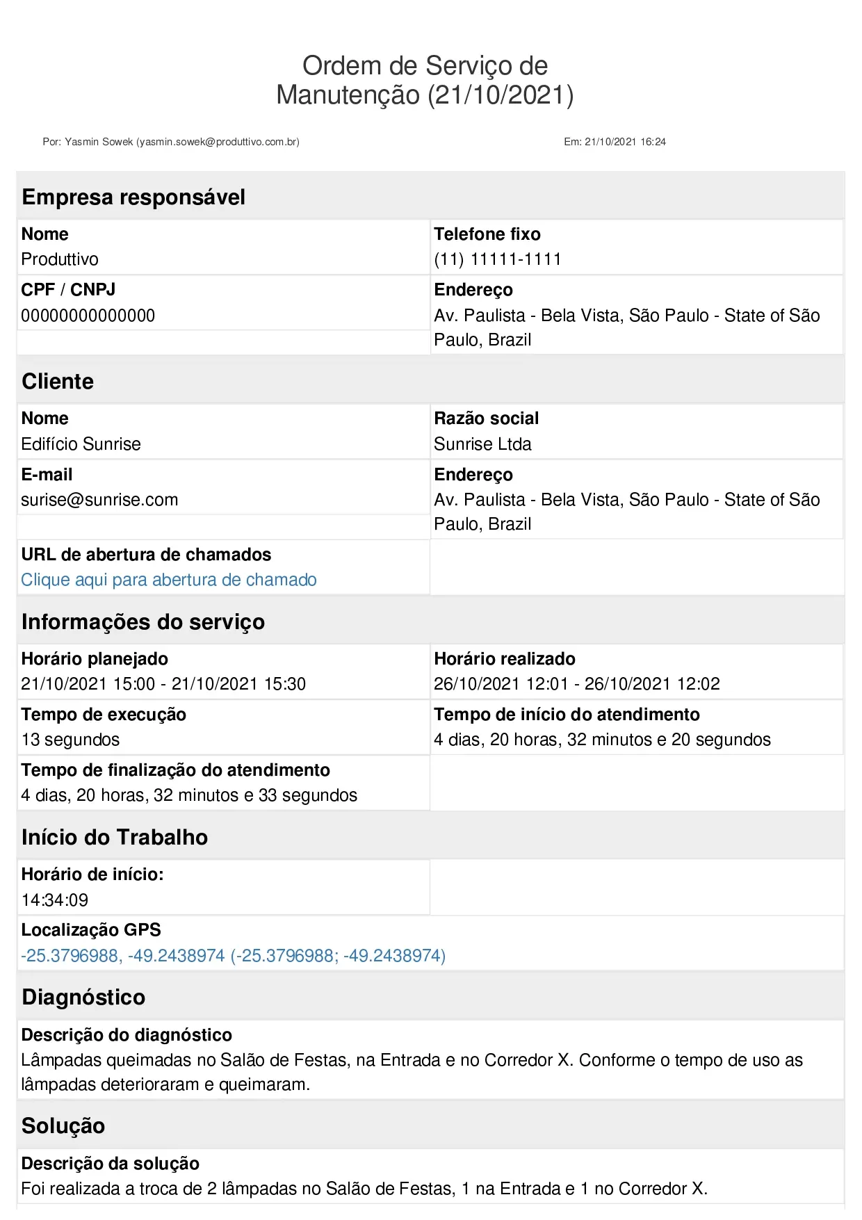 Exemplo de ordem de serviço digital gerada no sistema do Produttivo com informações do serviço, registros fotográficos e assinatura, página 01