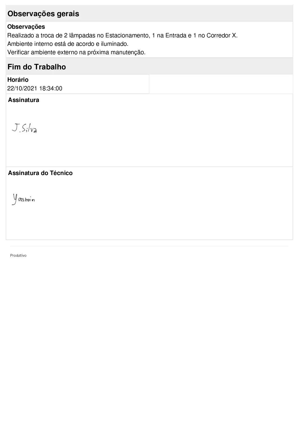 Exemplo de ordem de serviço digital gerada no sistema do Produttivo com informações do serviço, registros fotográficos e assinatura, página 03