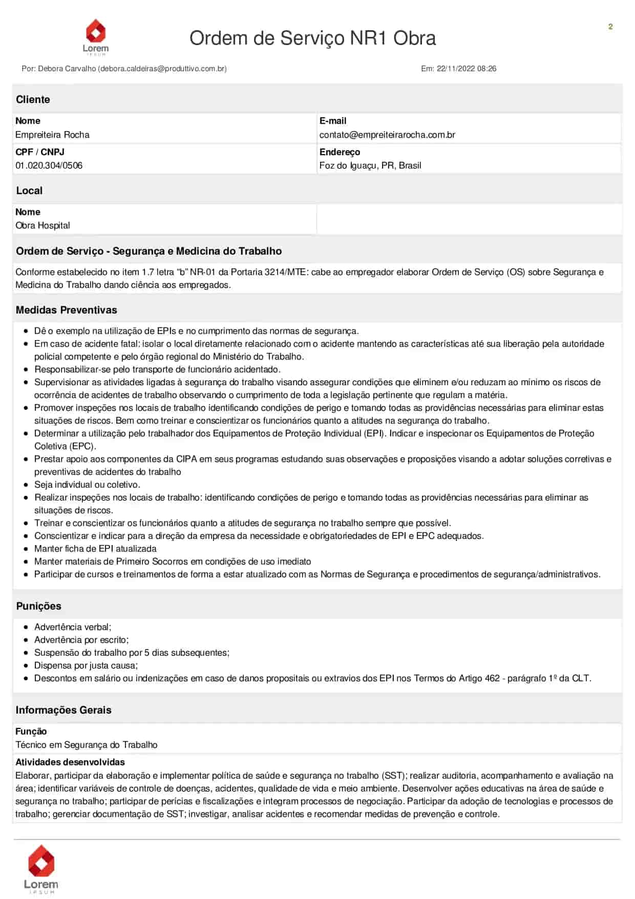 exemplo de ordem de serviço segurança do trabalho NR 1 com campos para descrição de atividades, medidas preventivas, termo de compromisso e mais, página 01