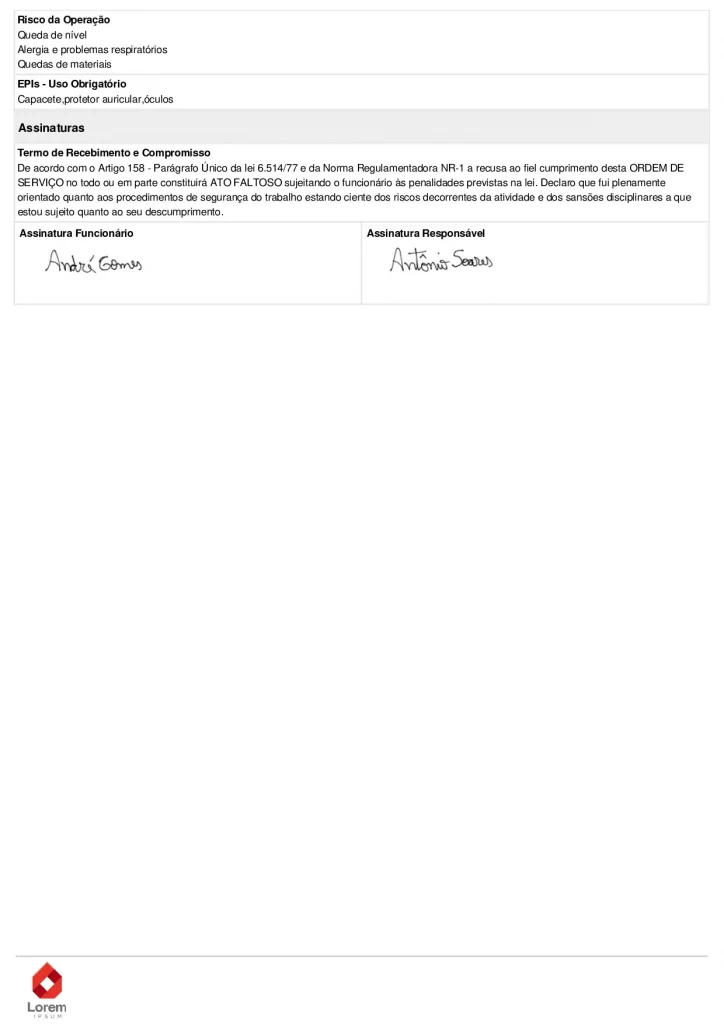 exemplo de ordem de serviço segurança do trabalho NR 1 com campos para descrição de atividades, medidas preventivas, termo de compromisso e mais, página 02