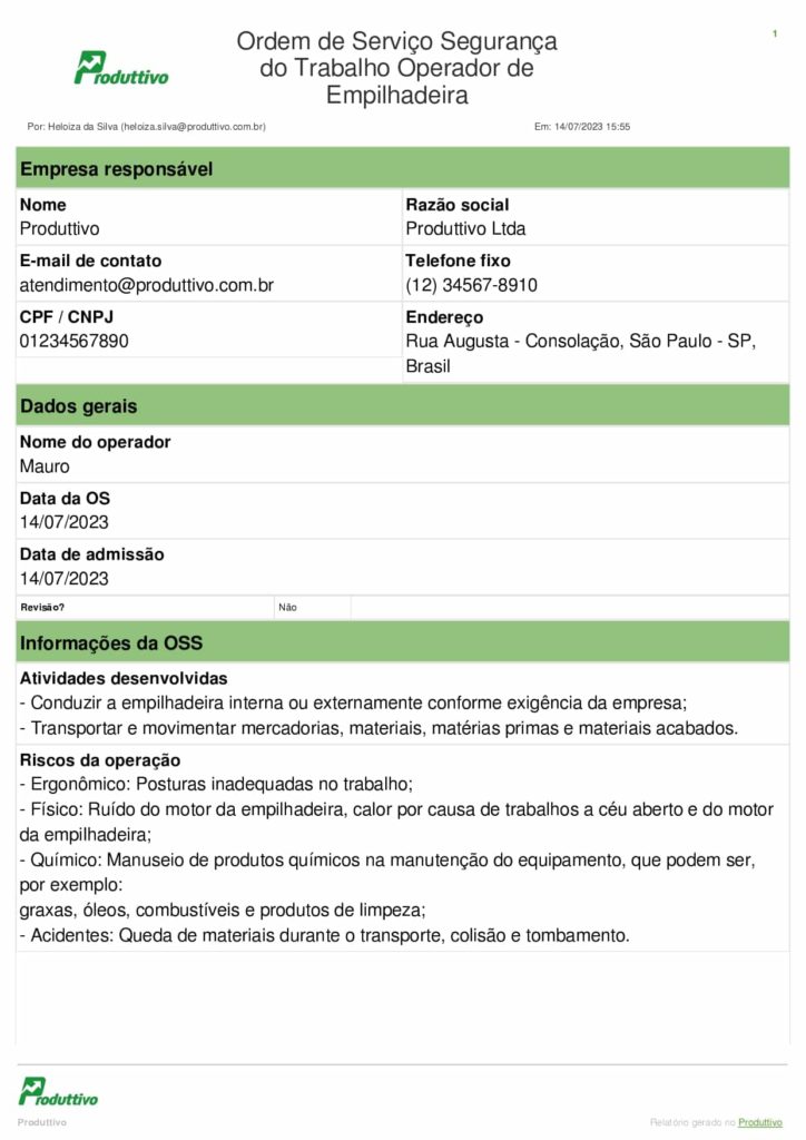 Exemplo de modelo de ordem de serviço segurança do trabalho operador de empilhadeira emitida no Produttivo, página 01