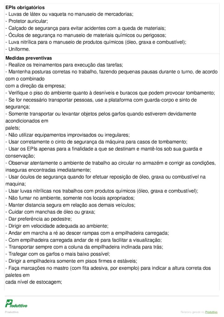 Exemplo de modelo de ordem de serviço segurança do trabalho operador de empilhadeira emitida no Produttivo, página 02