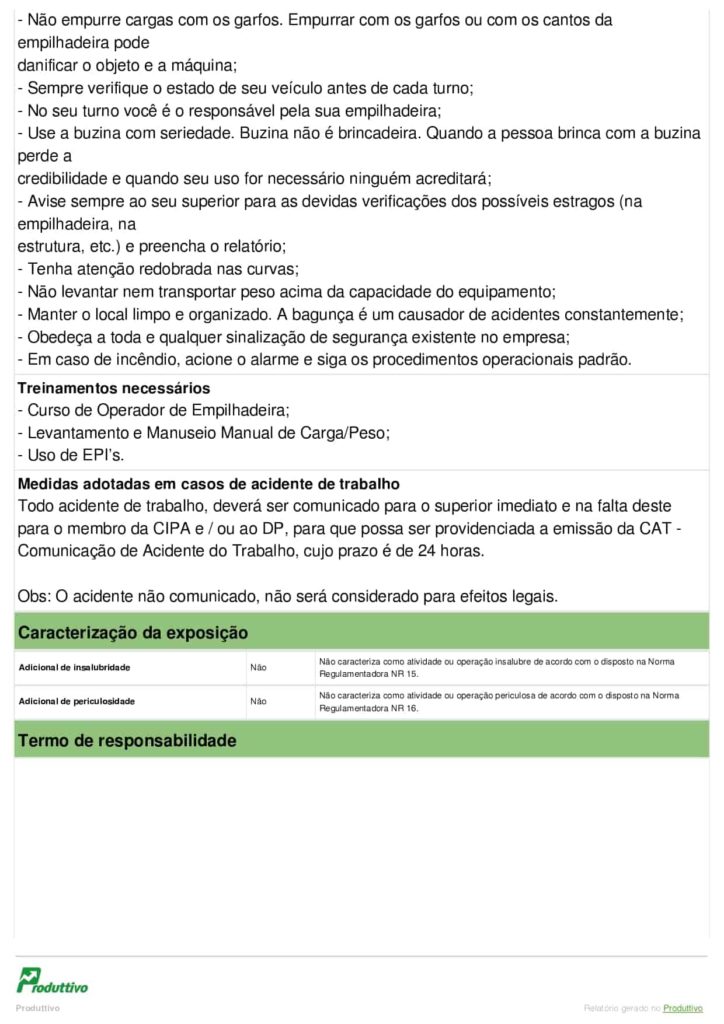 Exemplo de modelo de ordem de serviço segurança do trabalho operador de empilhadeira emitida no Produttivo, página 03