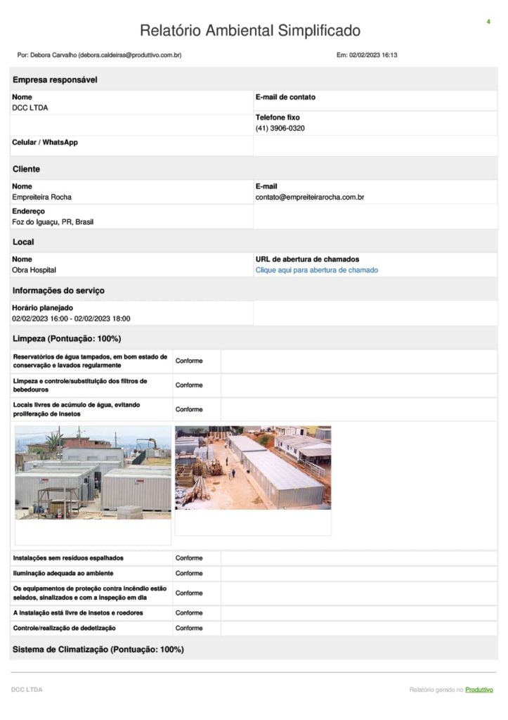 Modelo de relatório ambiental simplificado gerado no sistema do Produttivo com questões de não conformidade, registros fotográficos e recursos antifraude, página 01